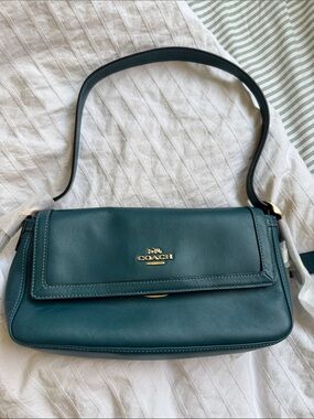 Coach Small Etta Teal Green Leather Shoulder Bag with Gold Logo